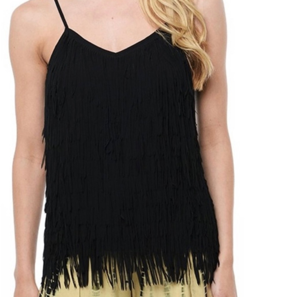 Black Fringe tank top, adjustable straps, fringes front, slightly see threw back
